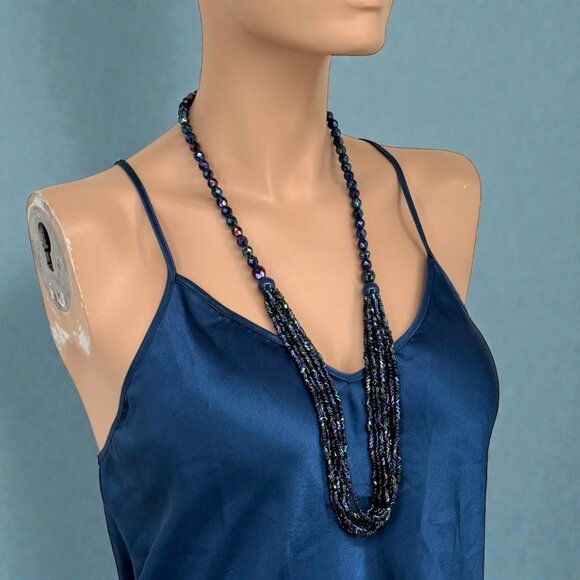None Jewelry - Peacock Blue Purple Multi Strand Iridescent Bead Necklace Faceted Glass